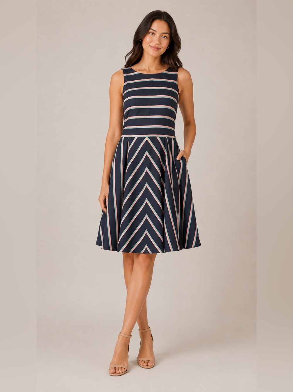 Eliza J Navy Striped Midi Dress with Pink & Light Blue Accents